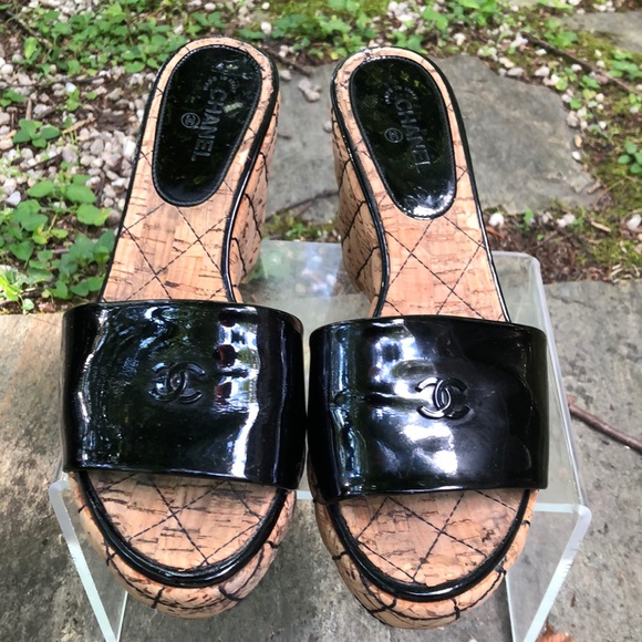 CHANEL Shoes - CHANEL Quilted Cork & Black Patent Wedges Sz 7